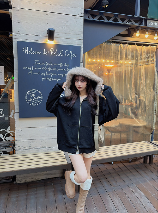 ファー付きフードダブルジップハイネックスウェットパーカー[ru1547