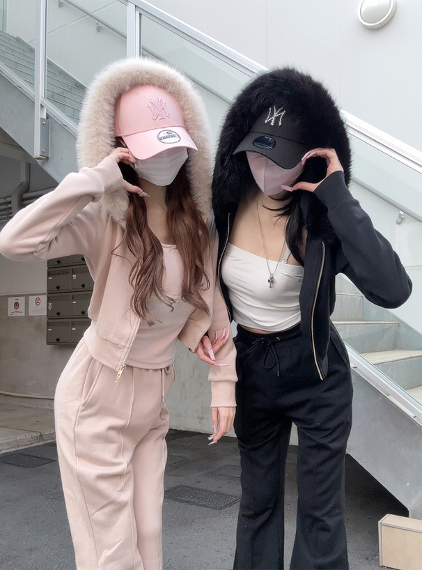 ファーフードパーカー×フレアパンツスウェットセットアップ[ru1548