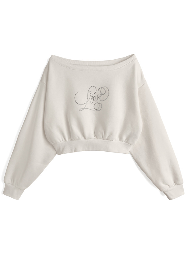 ラインストーンロゴオフショルダースウェットトップス