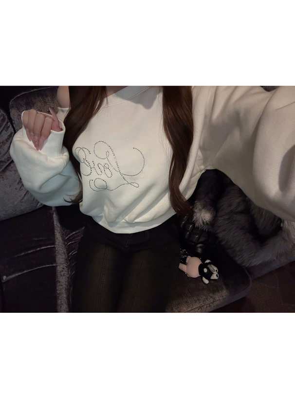 ラインストーンロゴオフショルダースウェットトップス