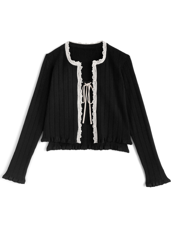 透かし編みレースカーディガン×リボンキャミソールニットアンサンブル[ru1558]