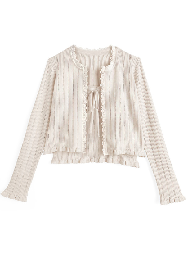 透かし編みレースカーディガン×リボンキャミソールニットアンサンブル