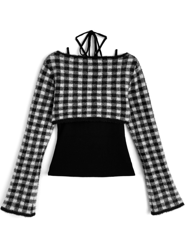 チェック柄シャギーボレロ×ホルターネックリボンキャミソールニット