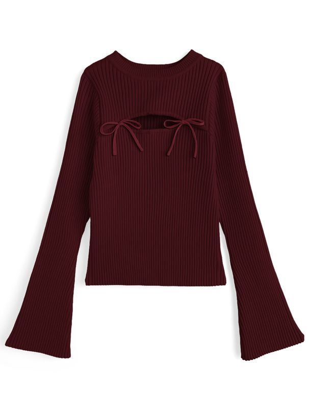 フロントオープンリボンフレアスリーブニットトップス