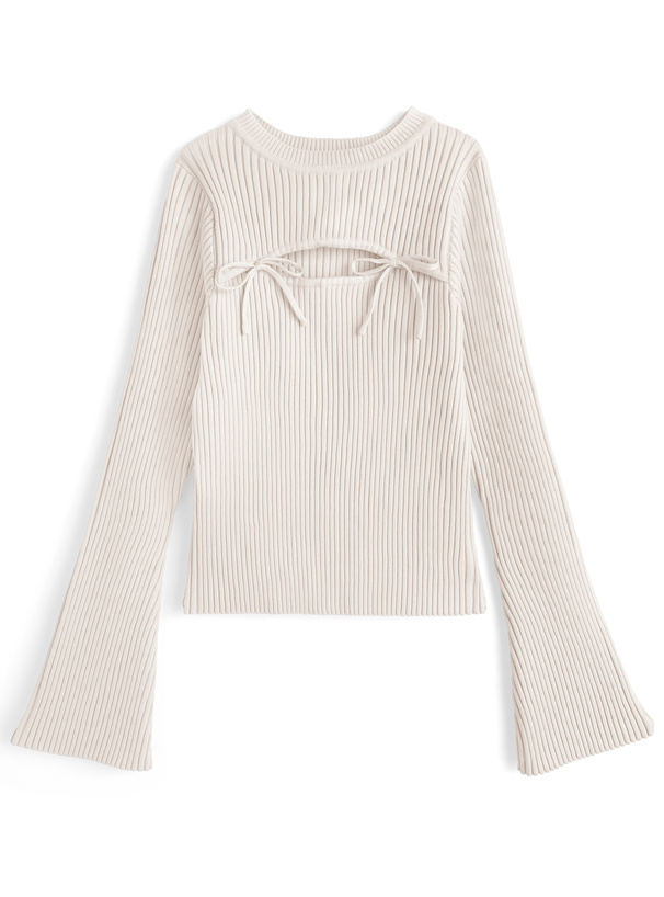 フロントオープンリボンフレアスリーブニットトップス