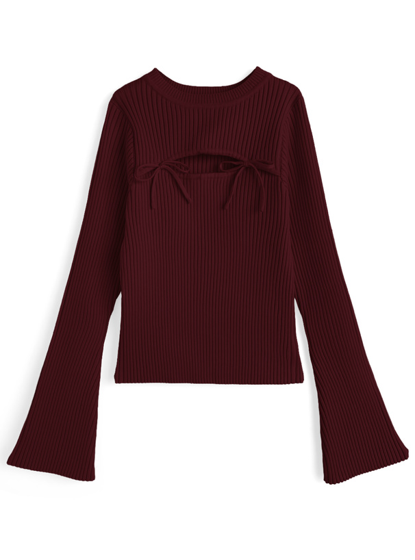 フロントオープンリボンフレアスリーブニットトップス