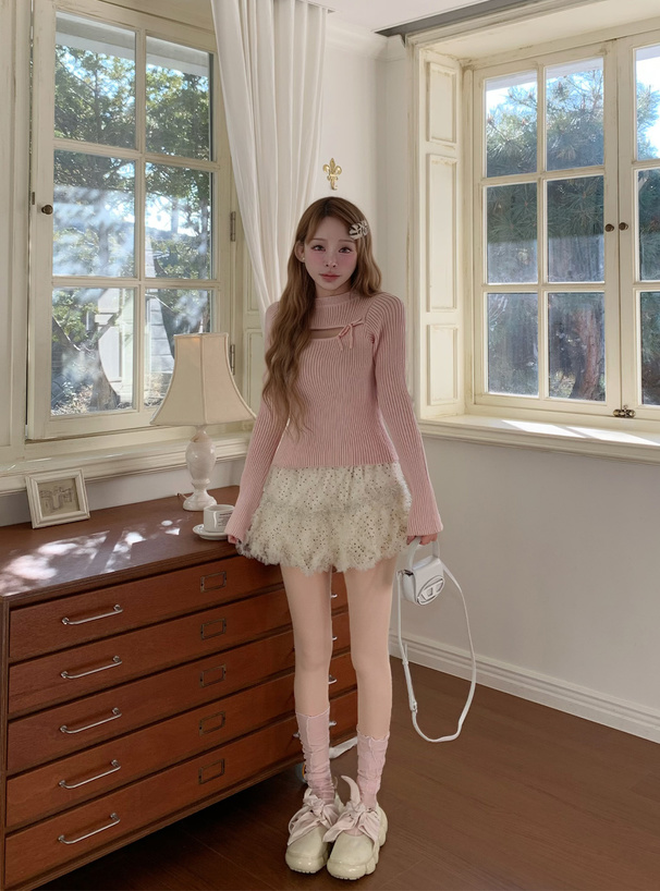 フロントオープンリボンフレアスリーブニットトップス