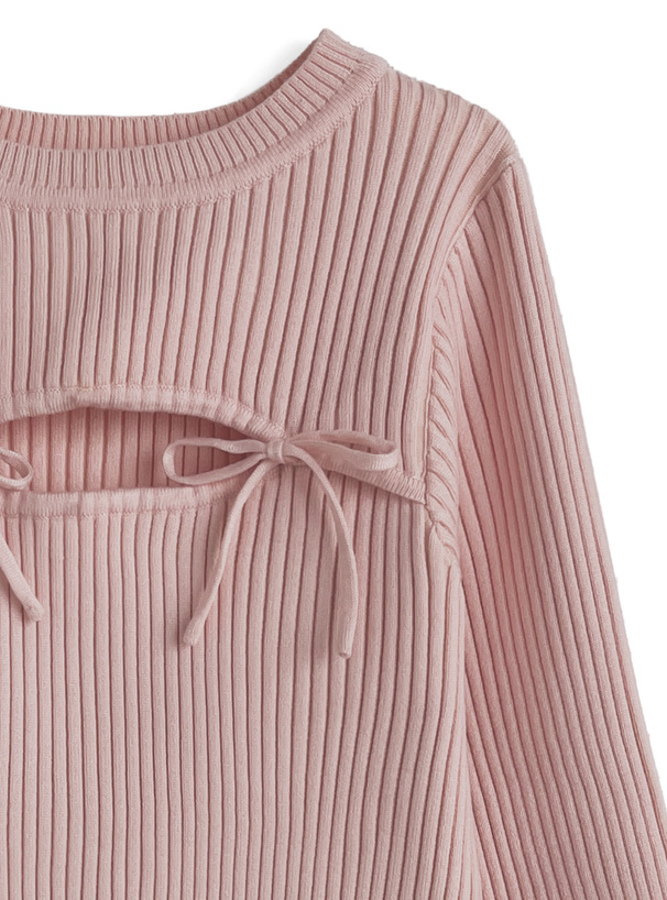 フロントオープンリボンフレアスリーブニットトップス