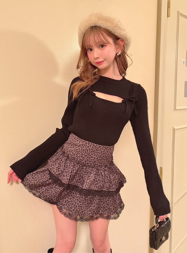 フロントオープンリボンフレアスリーブニットトップス[ru1562