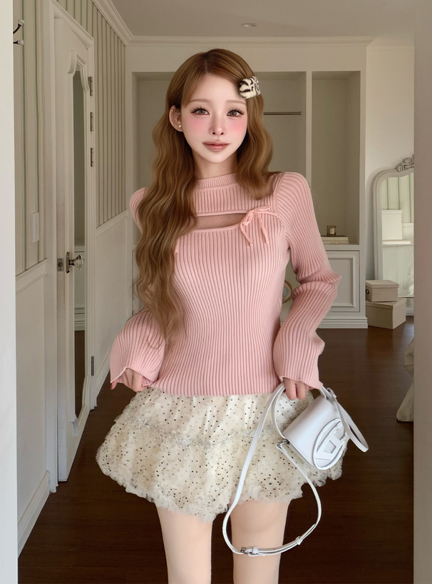 フロントオープンリボンフレアスリーブニットトップス