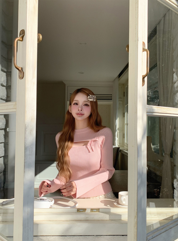 フロントオープンリボンフレアスリーブニットトップス