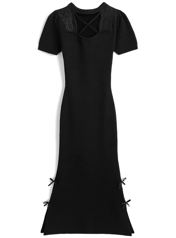 クロスネックレースリボンリブニットワンピース[ru1563]