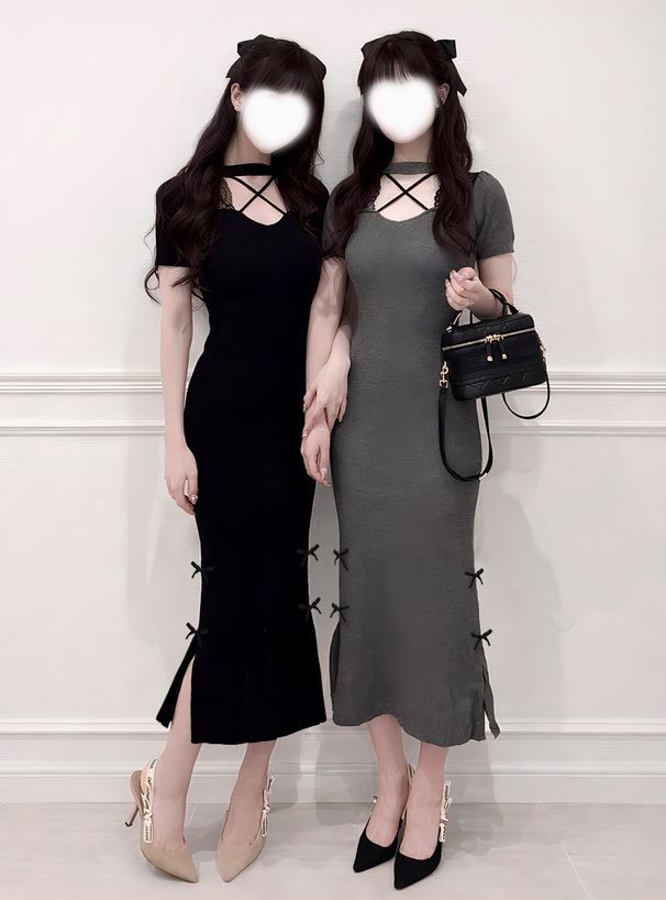 クロスネックレースリボンリブニットワンピース