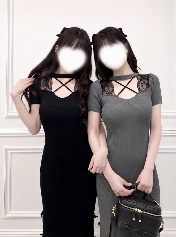 クロスネックレースリボンリブニットワンピース