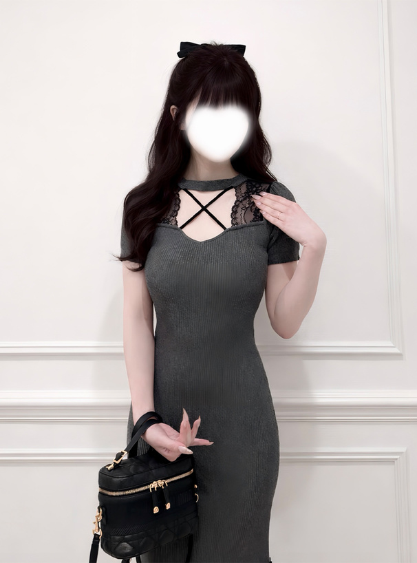 クロスネックレースリボンリブニットワンピース