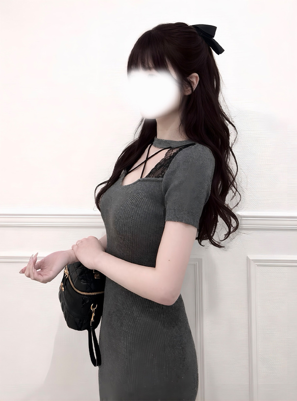 クロスネックレースリボンリブニットワンピース