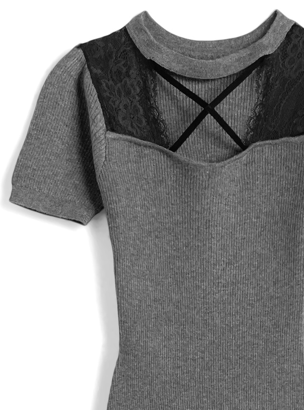 クロスネックレースリボンリブニットワンピース