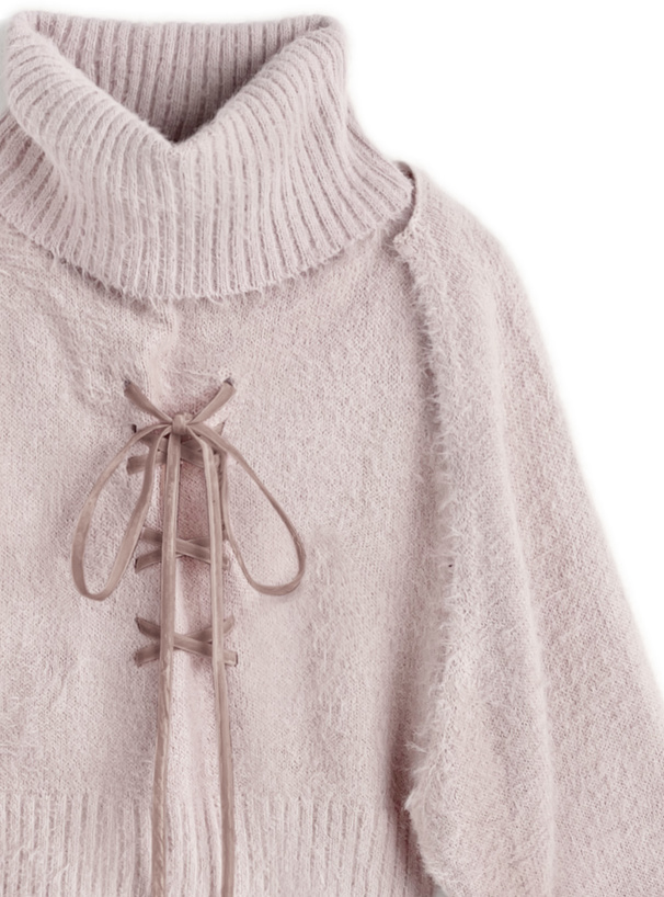 レースアップタートルネックトップス×ボレロシャギーニットアンサンブル