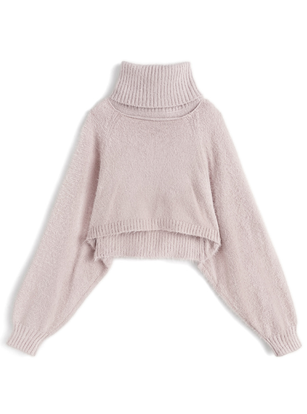 レースアップタートルネックトップス×ボレロシャギーニットアンサンブル