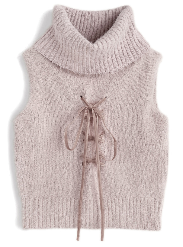 レースアップタートルネックトップス×ボレロシャギーニットアンサンブル