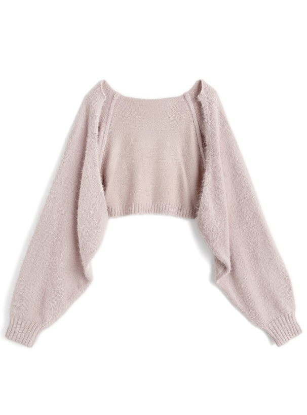 レースアップタートルネックトップス×ボレロシャギーニットアンサンブル