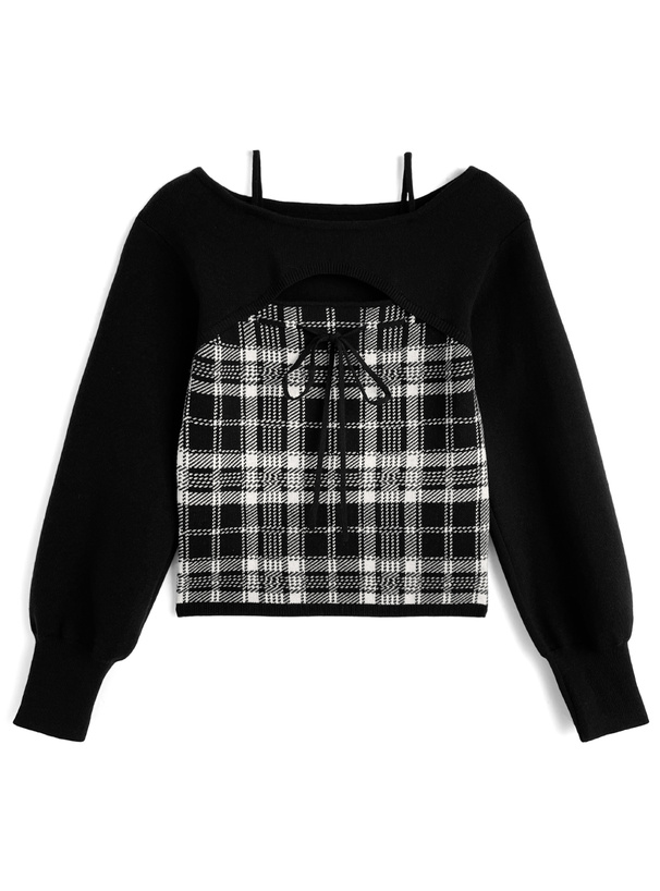 オフショルダーリボンチェックニットトップス