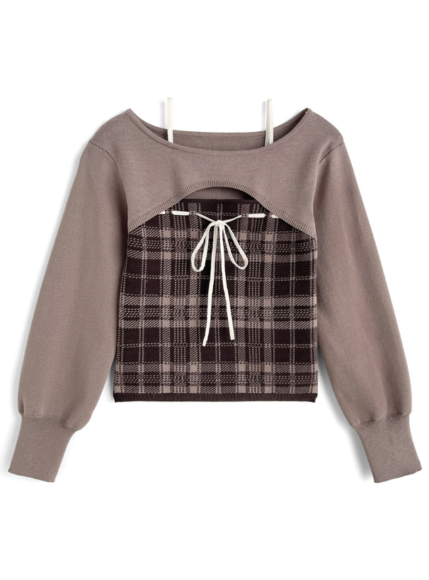 オフショルダーリボンチェックニットトップス