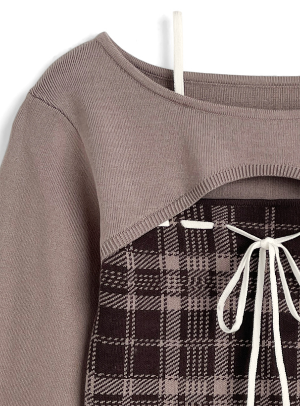 オフショルダーリボンチェックニットトップス