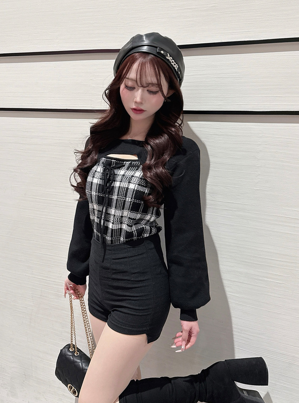 オフショルダーリボンチェックニットトップス