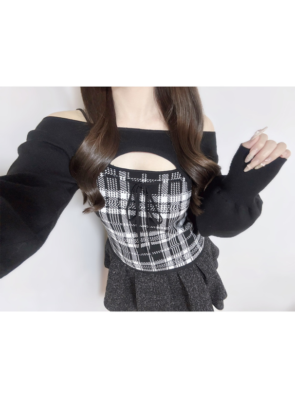オフショルダーリボンチェックニットトップス