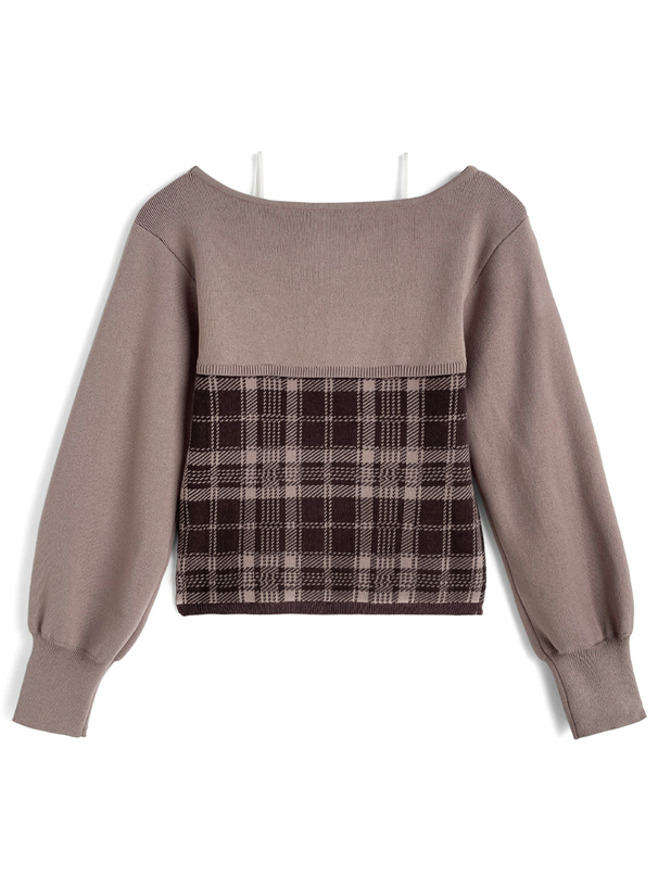 オフショルダーリボンチェックニットトップス