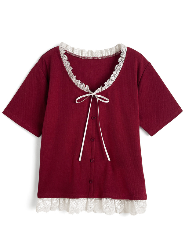 レースリボンリブトップス