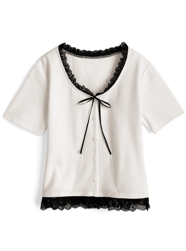 レースリボンリブトップス