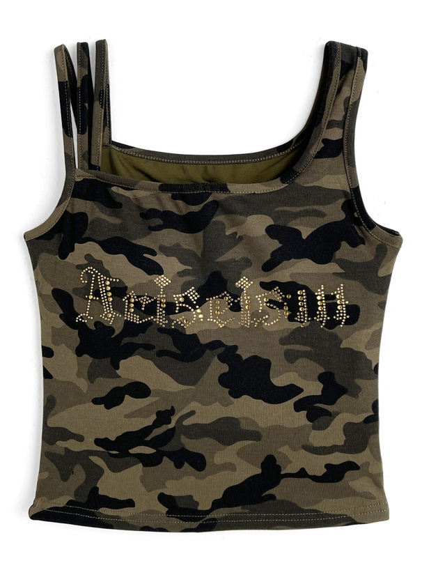 カップ付きカモフラージュ柄ラインストーンロゴアシメタンクトップ