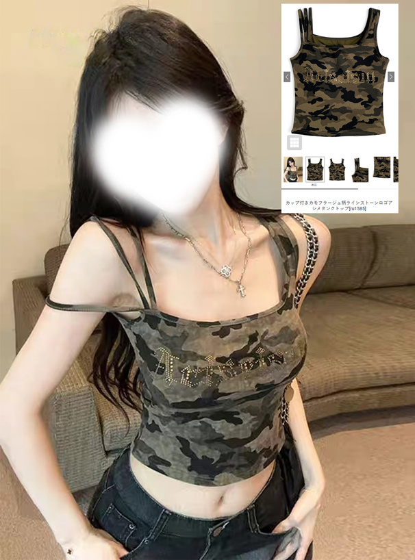 カップ付きカモフラージュ柄ラインストーンロゴアシメタンクトップ