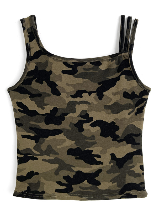 カップ付きカモフラージュ柄ラインストーンロゴアシメタンクトップ