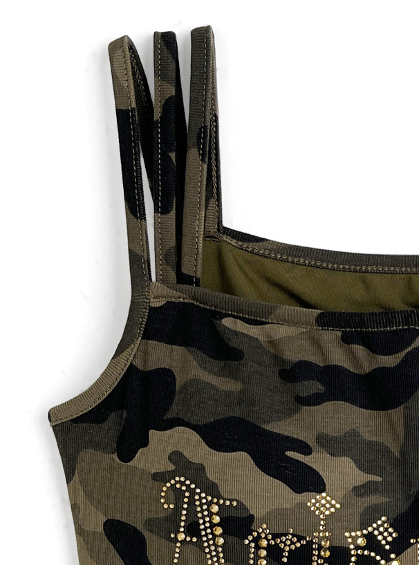 カップ付きカモフラージュ柄ラインストーンロゴアシメタンクトップ