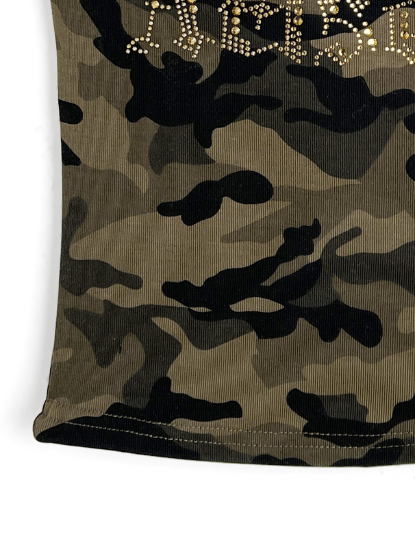 カップ付きカモフラージュ柄ラインストーンロゴアシメタンクトップ