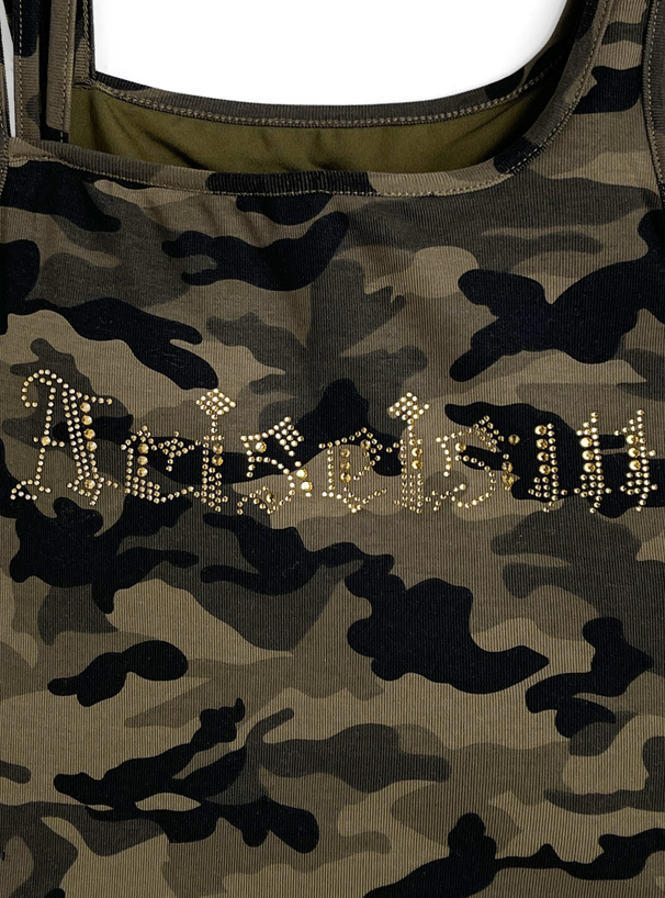 カップ付きカモフラージュ柄ラインストーンロゴアシメタンクトップ