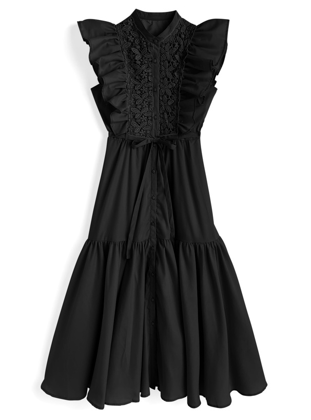 リボンベルト付きレースフリルスリーブワンピース