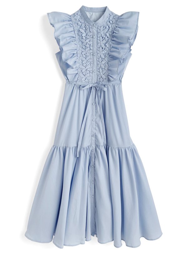 リボンベルト付きレースフリルスリーブワンピース