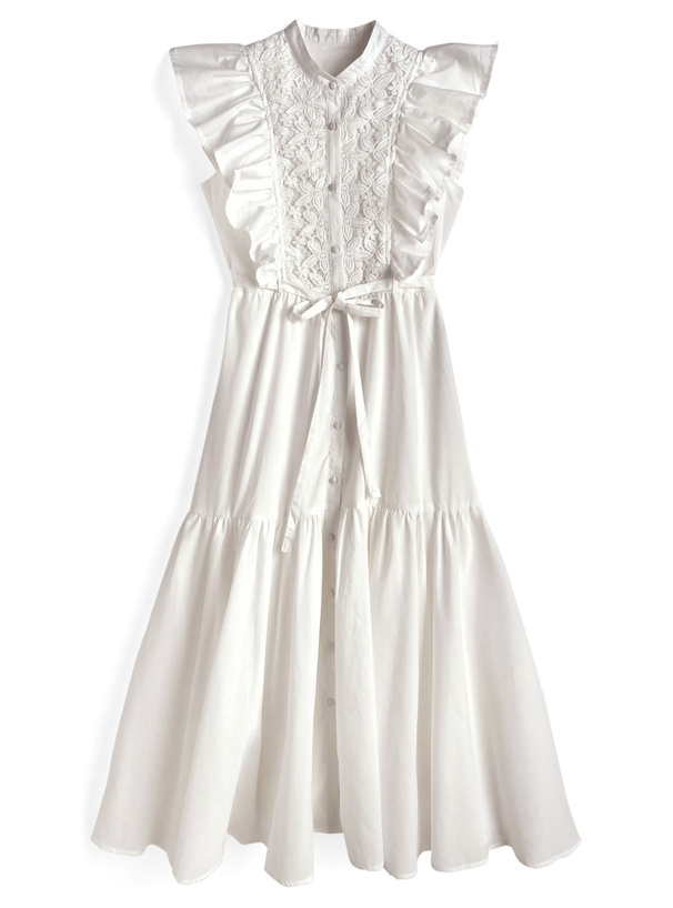 リボンベルト付きレースフリルスリーブワンピース