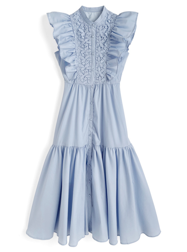 リボンベルト付きレースフリルスリーブワンピース