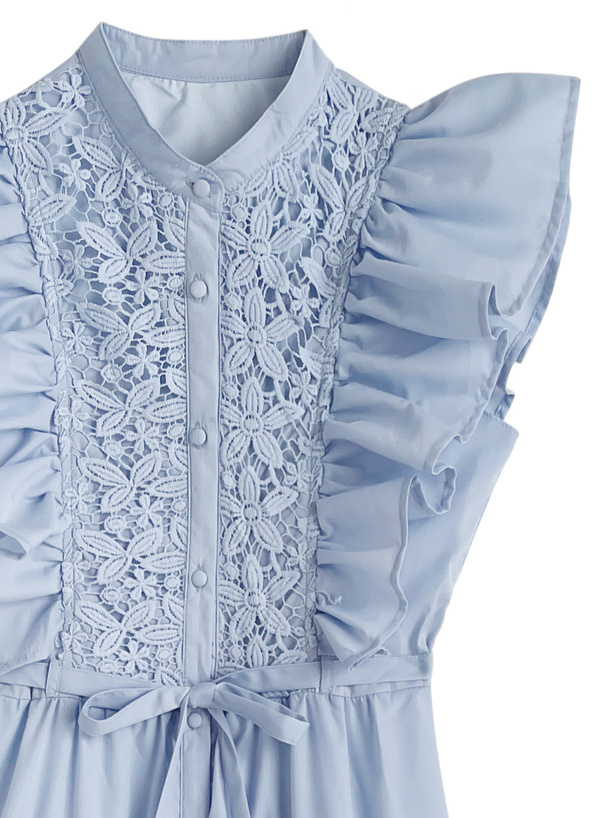 リボンベルト付きレースフリルスリーブワンピース