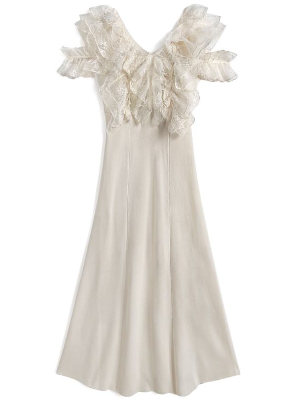 レースフリルノースリーブニットワンピース