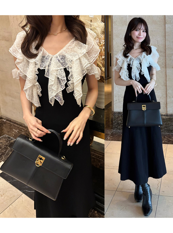 レースフリルノースリーブニットワンピース