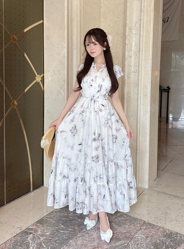 リボンベルト付き花柄ラッフルスリーブワンピース