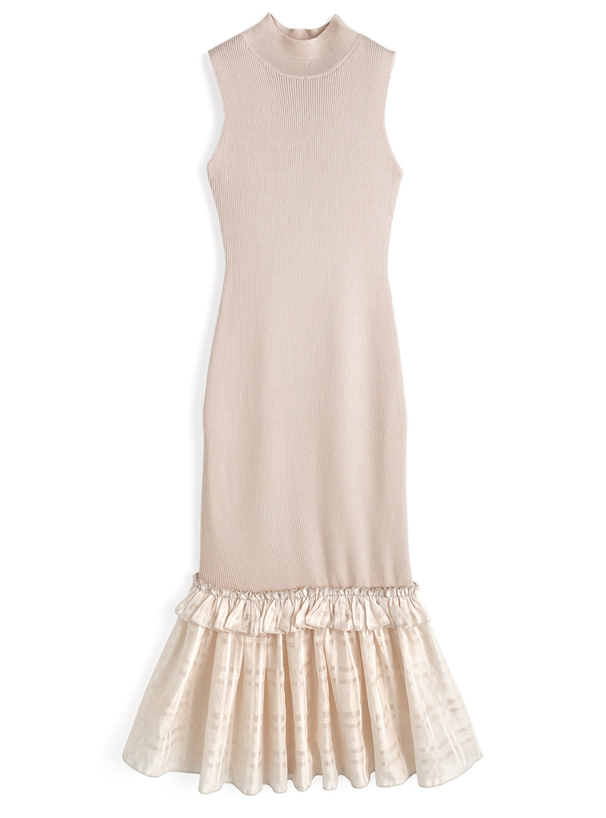 シアーチェック柄ドッキングノースリーブニットワンピース