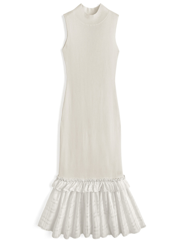 シアーチェック柄ドッキングノースリーブニットワンピース