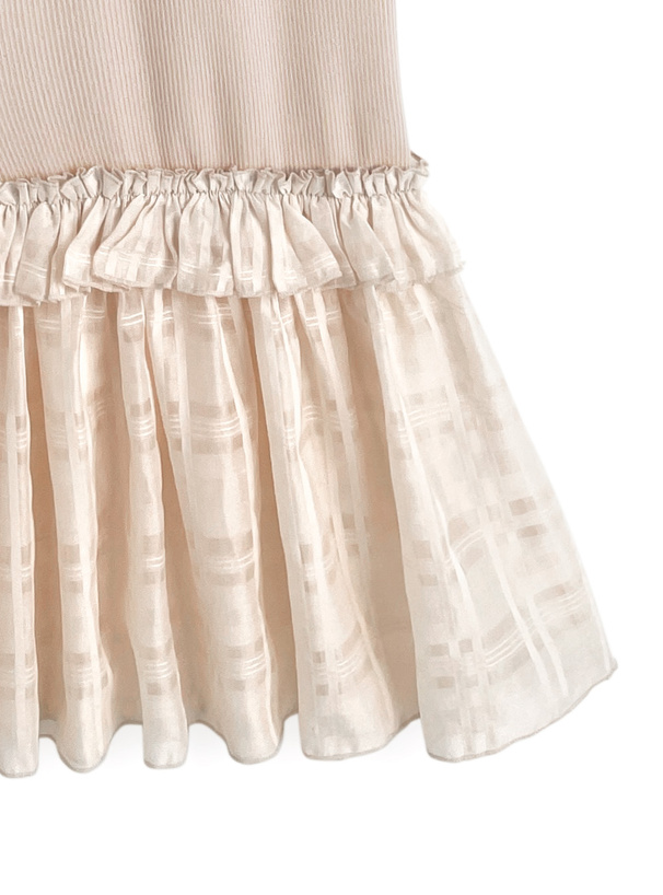 シアーチェック柄ドッキングノースリーブニットワンピース